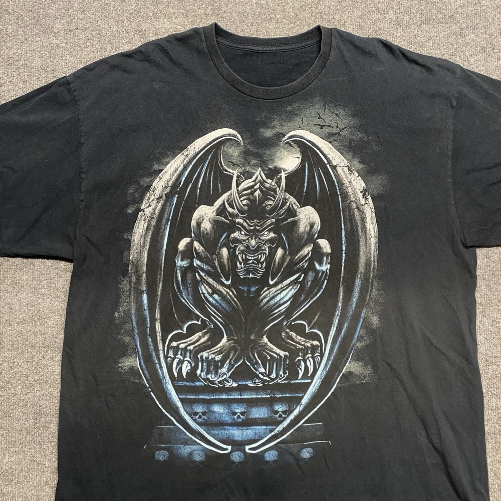 Vintage Y2K Gargoyle T-Shirt With Skulls &Wings Blue/Black Fade Grunge Goth XL